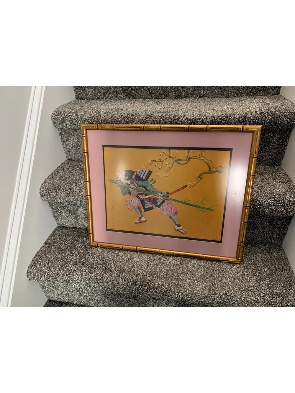 Vintage Red Skelton Samurai Warrior Art Mat Framed Faux Bamboo Gold